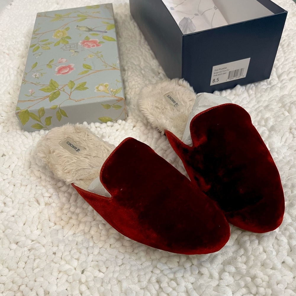 Birdies 8.5 velvet burgundy faux fur Phoebe slides
